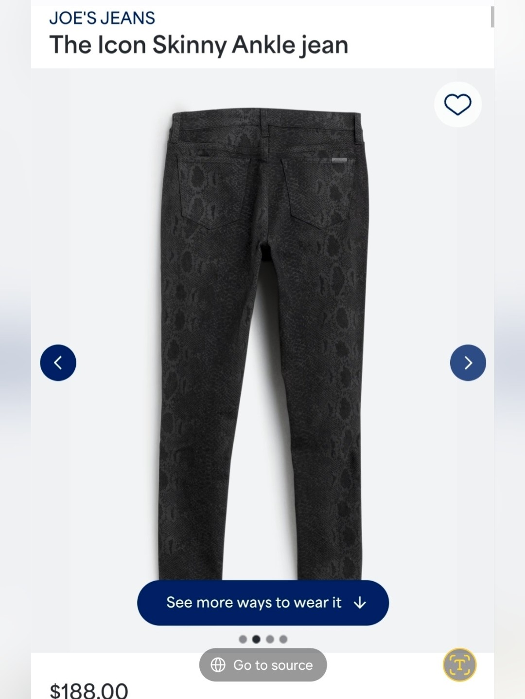 Nwot, Joe's Jeans Black Skinny Jeans With Snakeskin Print